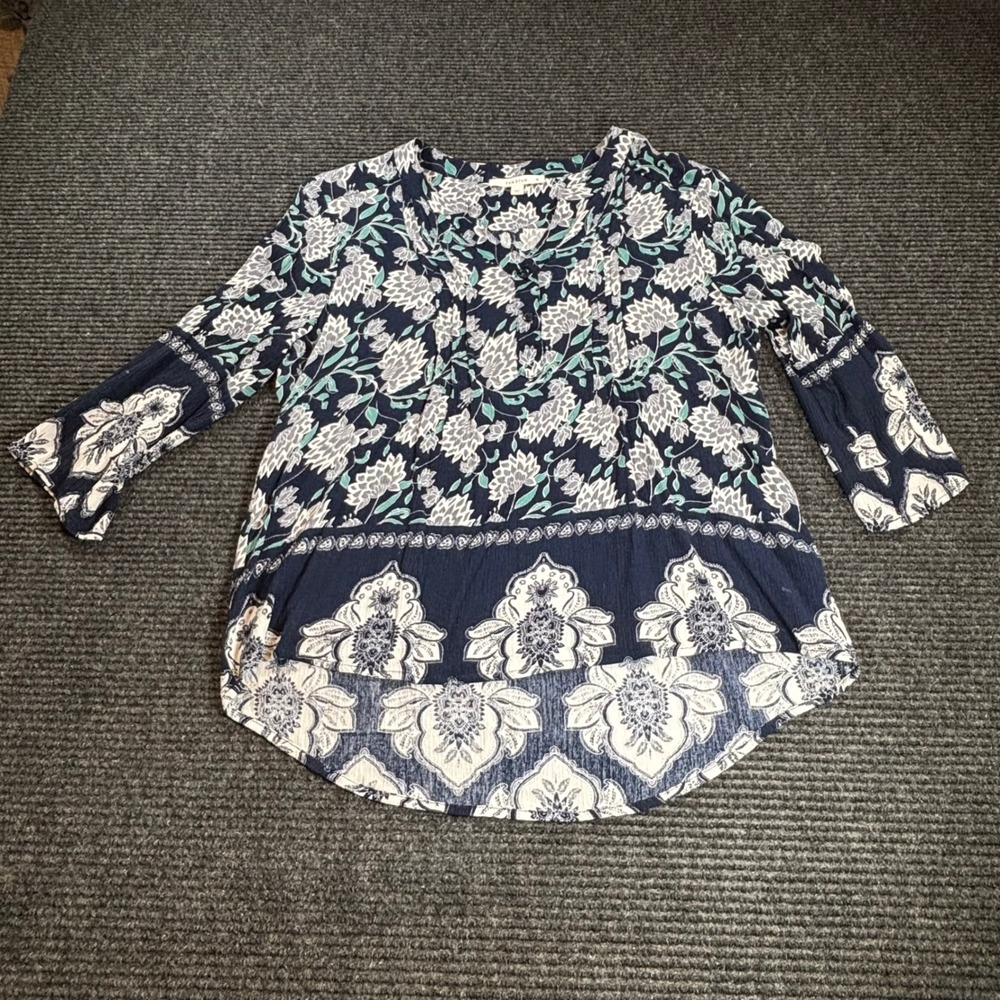 Fun2Fun Navy Blue Floral Pintuck Henley‎ Blouse 3/4 Sleeve FD86649S-6 Womens M